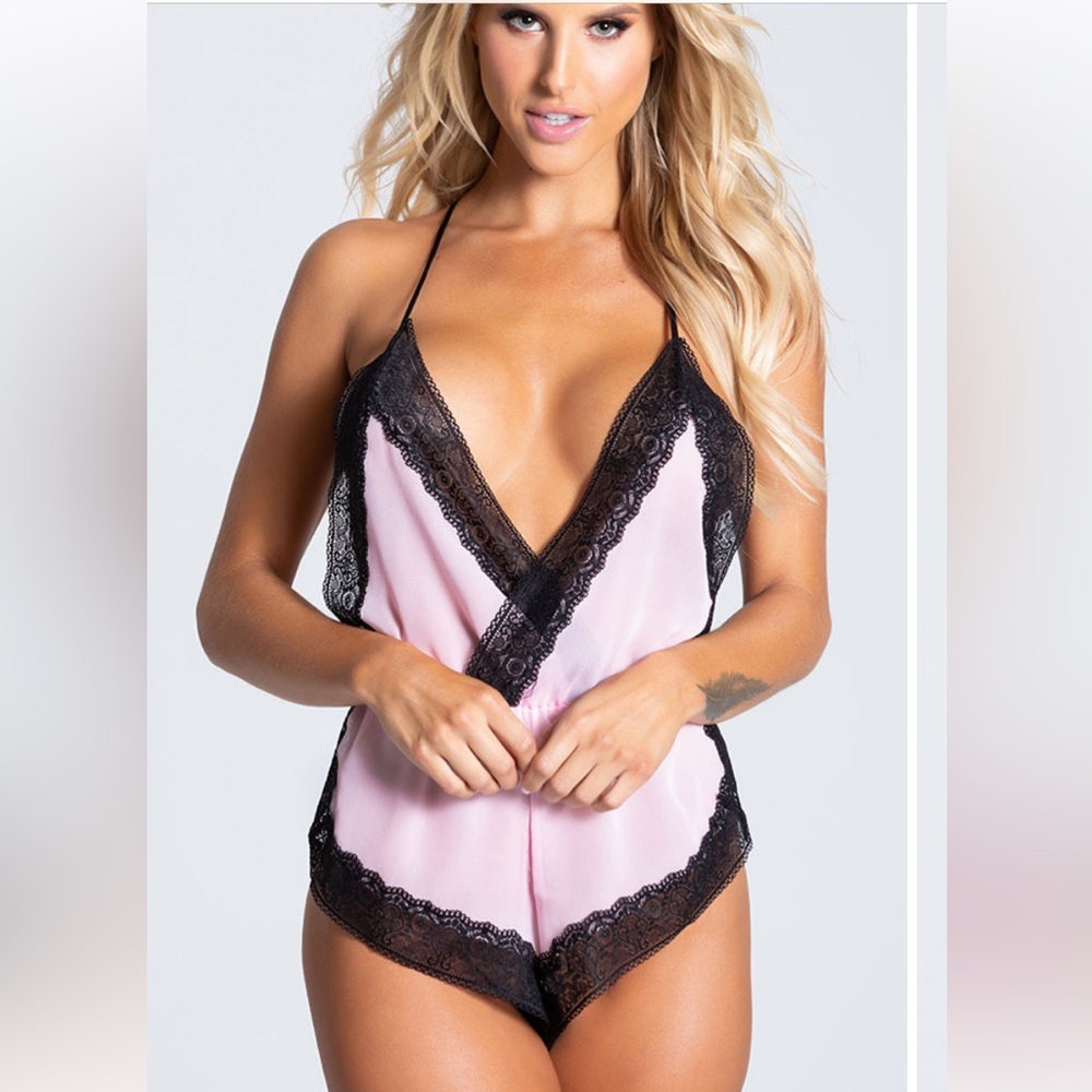 Pink and Black Sheer Chiffon and Lace Romper